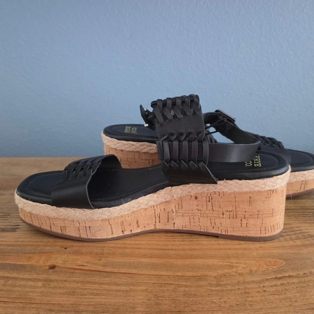Frye and Co Womens Lavish Wedge Sandal Black Woven Cork Platform Size 7M